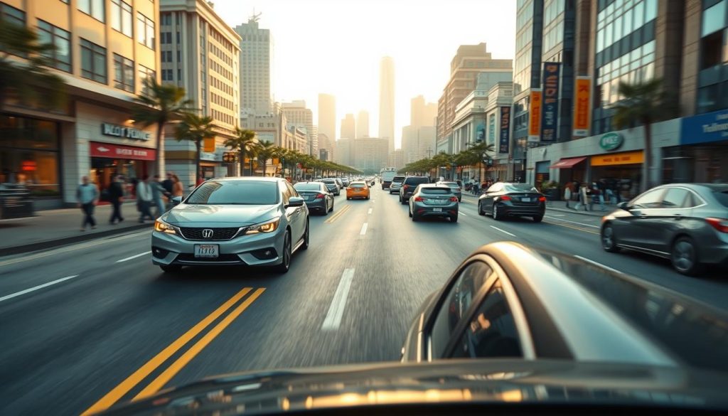 A dynamic urban driving scene illustrating safe following techniques in traffic. In the foreground, a modern sedan closely follows another vehicle, showcasing an ideal safe distance, with a clear visual emphasis on the gap between the cars. The middle ground features a bustling city street lined with shops and pedestrians, creating a lively atmosphere. In the background, a vibrant skyline with towering buildings and soft morning sunlight casting warm tones enhances the scene. The camera angle is slightly elevated, providing a comprehensive view of the road dynamics and traffic flow. The mood is focused and educational, highlighting the importance of maintaining proper distances to prevent sudden braking, ideal for an instructional context. A dynamic urban driving scene illustrating safe following techniques in traffic. In the foreground, a modern sedan closely follows another vehicle, showcasing an ideal safe distance, with a clear visual emphasis on the gap between the cars. The middle ground features a bustling city street lined with shops and pedestrians, creating a lively atmosphere. In the background, a vibrant skyline with towering buildings and soft morning sunlight casting warm tones enhances the scene. The camera angle is slightly elevated, providing a comprehensive view of the road dynamics and traffic flow. The mood is focused and educational, highlighting the importance of maintaining proper distances to prevent sudden braking, ideal for an instructional context.