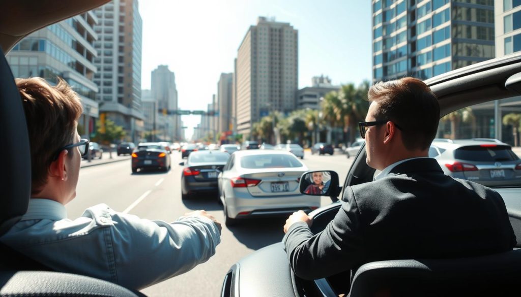 A dynamic urban scene depicting a busy city street, illustrating the concepts of risk assessment and traffic observation essential for safe driving. In the foreground, a professional driver in a smart casual outfit is seen observing traffic patterns from inside a sleek, modern car. The middle ground features multiple vehicles moving at varying speeds, with some cars braking gently, while others are accelerating. The background showcases tall buildings under a clear blue sky, with soft sunlight casting natural shadows across the street. Capture the mood of concentration and awareness, highlighting the importance of anticipating traffic changes to prevent sudden stops. Use a slightly elevated angle to provide a comprehensive view of the scene, focusing on the interplay of vehicles and the surrounding environment. A dynamic urban scene depicting a busy city street, illustrating the concepts of risk assessment and traffic observation essential for safe driving. In the foreground, a professional driver in a smart casual outfit is seen observing traffic patterns from inside a sleek, modern car. The middle ground features multiple vehicles moving at varying speeds, with some cars braking gently, while others are accelerating. The background showcases tall buildings under a clear blue sky, with soft sunlight casting natural shadows across the street. Capture the mood of concentration and awareness, highlighting the importance of anticipating traffic changes to prevent sudden stops. Use a slightly elevated angle to provide a comprehensive view of the scene, focusing on the interplay of vehicles and the surrounding environment.