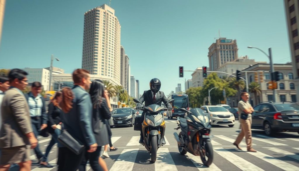 A dynamic urban scene illustrating the observation of pedestrians and motorcycles to predict unexpected situations while driving. In the foreground, a diverse group of pedestrians in professional business attire and modest casual clothing are interacting at a crosswalk. In the middle ground, a motorcycle rider skillfully navigates through traffic, emphasizing motion with a slight blur to illustrate speed. The background features a bustling street with cars, tall buildings, and traffic lights, all under a bright, clear blue sky, conveying a sense of day-to-day city life. The lighting is natural and vibrant, enhancing the colors of the scene. Capture this moment from a slightly elevated angle to provide a comprehensive view of the dynamic interactions, aiming for a realistic, engaging composition that embodies the importance of awareness in driving. A dynamic urban scene illustrating the observation of pedestrians and motorcycles to predict unexpected situations while driving. In the foreground, a diverse group of pedestrians in professional business attire and modest casual clothing are interacting at a crosswalk. In the middle ground, a motorcycle rider skillfully navigates through traffic, emphasizing motion with a slight blur to illustrate speed. The background features a bustling street with cars, tall buildings, and traffic lights, all under a bright, clear blue sky, conveying a sense of day-to-day city life. The lighting is natural and vibrant, enhancing the colors of the scene. Capture this moment from a slightly elevated angle to provide a comprehensive view of the dynamic interactions, aiming for a realistic, engaging composition that embodies the importance of awareness in driving.
