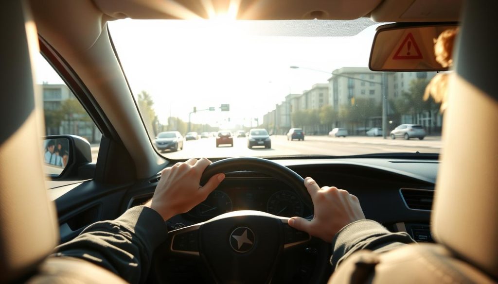 A focused scene capturing a new driver in a car, sitting in the driver's seat and looking ahead with a concentrated expression. The foreground features the driver's hands on the steering wheel and the dashboard, illustrating the driver's engagement. In the middle ground, a realistic street view unfolds, including distant vehicles and pedestrians, emphasizing the challenge of distance judgment. The background showcases a clear sky and cityscape, adding context to the driving scenario. Soft sunlight filters through the windshield, creating a warm and illustrative atmosphere. The angle is slightly tilted downwards to highlight both the driver’s perspective and the view ahead, conveying the tension of navigating and judging distances. The image should feel educational yet relatable, suitable for new drivers learning to assess distance accurately.