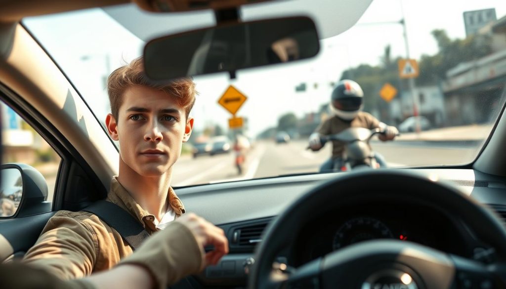 A focused scene depicting a beginner driver inside a car, showing an emphasis on the dashboard with clear indicators of safe following distance. In the foreground, the driver, a young adult wearing casual but professional attire, is peering attentively ahead with a slightly concerned expression. The middle ground captures the road, with a motorcycle approaching closely but maintaining a safe distance from the car. In the background, blurred traffic signs and other vehicles are shown to indicate a busy street environment. The lighting is bright and natural, representing a clear day, enhancing the sense of attentiveness and caution. The mood is informative yet slightly tense, emphasizing the importance of safety while driving. A focused scene depicting a beginner driver inside a car, showing an emphasis on the dashboard with clear indicators of safe following distance. In the foreground, the driver, a young adult wearing casual but professional attire, is peering attentively ahead with a slightly concerned expression. The middle ground captures the road, with a motorcycle approaching closely but maintaining a safe distance from the car. In the background, blurred traffic signs and other vehicles are shown to indicate a busy street environment. The lighting is bright and natural, representing a clear day, enhancing the sense of attentiveness and caution. The mood is informative yet slightly tense, emphasizing the importance of safety while driving.