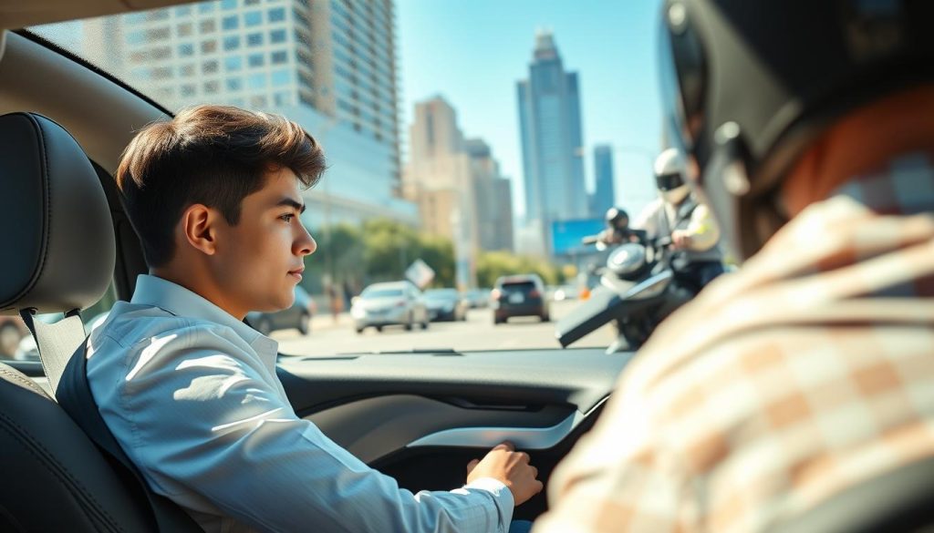 A focused scene depicting a new driver in a car, practicing defensive driving habits with an emphasis on awareness of nearby motorcycles. In the foreground, show the driver, a young adult in professional casual attire, intently looking into the side mirror. The middle layer should feature a motorcycle slightly approaching from the right, highlighting the importance of anticipating its movement. In the background, a city street scene showcases other vehicles and pedestrians, with tall buildings and a clear blue sky. The lighting is bright and natural, suggesting an afternoon setting, with a slightly elevated angle capturing both the driver’s perspective and the approaching motorcycle. The mood is tense yet educational, emphasizing vigilance and safety on the roads. A focused scene depicting a new driver in a car, practicing defensive driving habits with an emphasis on awareness of nearby motorcycles. In the foreground, show the driver, a young adult in professional casual attire, intently looking into the side mirror. The middle layer should feature a motorcycle slightly approaching from the right, highlighting the importance of anticipating its movement. In the background, a city street scene showcases other vehicles and pedestrians, with tall buildings and a clear blue sky. The lighting is bright and natural, suggesting an afternoon setting, with a slightly elevated angle capturing both the driver’s perspective and the approaching motorcycle. The mood is tense yet educational, emphasizing vigilance and safety on the roads.
