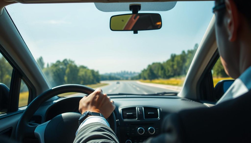 A focused scene of a driver preparing to turn on a road. In the foreground, a well-dressed driver is seen gripping the steering wheel, their concentrated expression visible through a clean car window. The middle ground showcases the vehicle positioned before a sharp turn, with the road curving into the distance, indicating the necessity for speed reduction. The background features a clear day with a blue sky, green trees lining the roadside, and a faint cityscape far away. The scene is illuminated by soft daylight, creating a realistic and engaging atmosphere. Capture this moment from a slightly elevated angle, emphasizing the driver's alertness and the importance of speed control before making the turn. A focused scene of a driver preparing to turn on a road. In the foreground, a well-dressed driver is seen gripping the steering wheel, their concentrated expression visible through a clean car window. The middle ground showcases the vehicle positioned before a sharp turn, with the road curving into the distance, indicating the necessity for speed reduction. The background features a clear day with a blue sky, green trees lining the roadside, and a faint cityscape far away. The scene is illuminated by soft daylight, creating a realistic and engaging atmosphere. Capture this moment from a slightly elevated angle, emphasizing the driver's alertness and the importance of speed control before making the turn.