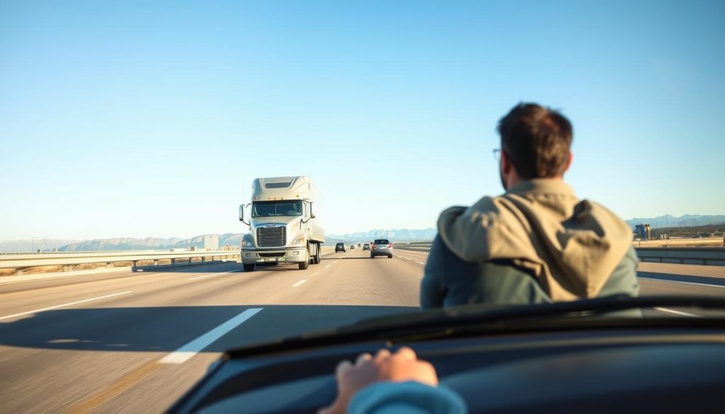 A highway scene showcasing defensive driving strategies when encountering large vehicles. In the foreground, a cautious driver, dressed in professional attire, maintains a safe distance from a large truck, illustrating the concept of safe driving space. The middle ground features the truck dominating the lane, emphasizing its size compared to smaller cars. In the background, a clear blue sky and distant mountains create a serene atmosphere. Soft sunlight casts gentle shadows, enhancing the visual clarity. The composition is captured from a slightly elevated angle, highlighting both the driver’s and truck's perspectives to convey the importance of anticipating road conditions. The mood is focused and educational, encouraging safe driving practices without any distractions or text overlays. A highway scene showcasing defensive driving strategies when encountering large vehicles. In the foreground, a cautious driver, dressed in professional attire, maintains a safe distance from a large truck, illustrating the concept of safe driving space. The middle ground features the truck dominating the lane, emphasizing its size compared to smaller cars. In the background, a clear blue sky and distant mountains create a serene atmosphere. Soft sunlight casts gentle shadows, enhancing the visual clarity. The composition is captured from a slightly elevated angle, highlighting both the driver’s and truck's perspectives to convey the importance of anticipating road conditions. The mood is focused and educational, encouraging safe driving practices without any distractions or text overlays.