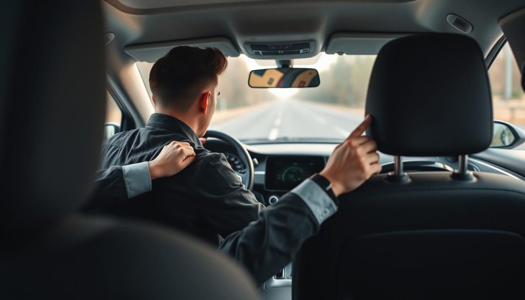 A modern car interior focused on the driver's seat and steering wheel. In the foreground, prominently display the driver adjusting their seat position, showcasing proper posture and hand placement on the steering wheel. The driver, a young adult dressed in smart casual attire, appears focused and attentive. In the middle ground, emphasize the dashboard with clear visibility of the distance indicators. The background should show a blurred view of a road ahead, conveying a sense of driving. Soft, natural lighting filters through the car windows, creating a calm and professional atmosphere, with a slight depth of field to highlight the importance of the seat and steering wheel adjustment in judging forward distance.