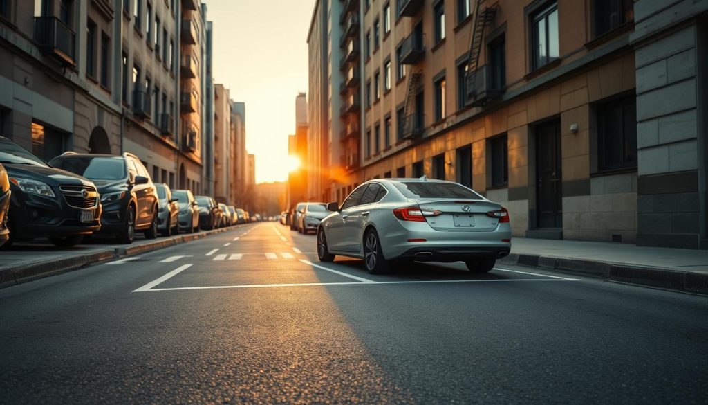 A narrow city alleyway lined with parked cars on both sides, creating a sense of tight space. In the foreground, a modern sedan is parked correctly within the lines of a parking space, showcasing the importance of proper positioning. In the middle ground, visuals of lane markers painted on the asphalt are clear, demonstrating the ideal path for drivers. The background includes a mix of urban buildings, with the sun setting softly, casting warm light that adds depth to the scene. Capture a calm atmosphere, evoking a sense of safety and caution. Use a wide-angle lens to emphasize the narrowness of the alley while maintaining a clean, professional aesthetic with no text or distractions. A narrow city alleyway lined with parked cars on both sides, creating a sense of tight space. In the foreground, a modern sedan is parked correctly within the lines of a parking space, showcasing the importance of proper positioning. In the middle ground, visuals of lane markers painted on the asphalt are clear, demonstrating the ideal path for drivers. The background includes a mix of urban buildings, with the sun setting softly, casting warm light that adds depth to the scene. Capture a calm atmosphere, evoking a sense of safety and caution. Use a wide-angle lens to emphasize the narrowness of the alley while maintaining a clean, professional aesthetic with no text or distractions.