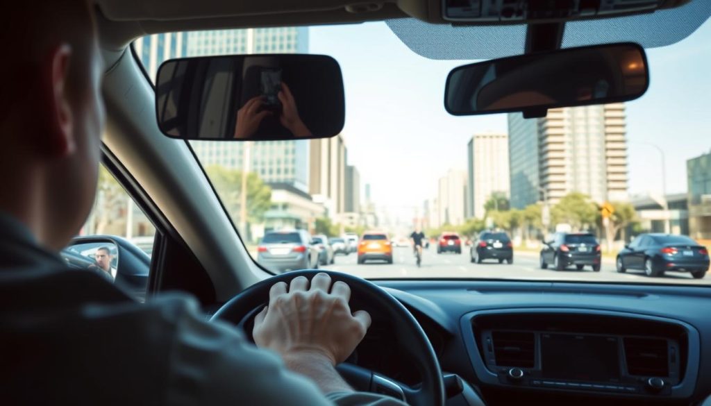 A new driver behind the wheel, focused on the road, with a clear view of the dashboard and rearview mirror displaying the reflections of surrounding traffic. In the foreground, the driver's hands gripping the steering wheel, showcasing a sense of concentration. In the middle, a vibrant urban street scene unfolds, with cars, bicycles, and pedestrians in a dynamic motion around the vehicle, emphasizing the importance of situational awareness. The background features tall city buildings under a clear blue sky during the day, illuminating the scene with natural sunlight. The image captures an atmosphere of learning, highlighting the common mistakes of novice drivers while reinforcing safe driving practices. The composition should be shot from a slightly elevated angle to enhance perspective and depth. A new driver behind the wheel, focused on the road, with a clear view of the dashboard and rearview mirror displaying the reflections of surrounding traffic. In the foreground, the driver's hands gripping the steering wheel, showcasing a sense of concentration. In the middle, a vibrant urban street scene unfolds, with cars, bicycles, and pedestrians in a dynamic motion around the vehicle, emphasizing the importance of situational awareness. The background features tall city buildings under a clear blue sky during the day, illuminating the scene with natural sunlight. The image captures an atmosphere of learning, highlighting the common mistakes of novice drivers while reinforcing safe driving practices. The composition should be shot from a slightly elevated angle to enhance perspective and depth.