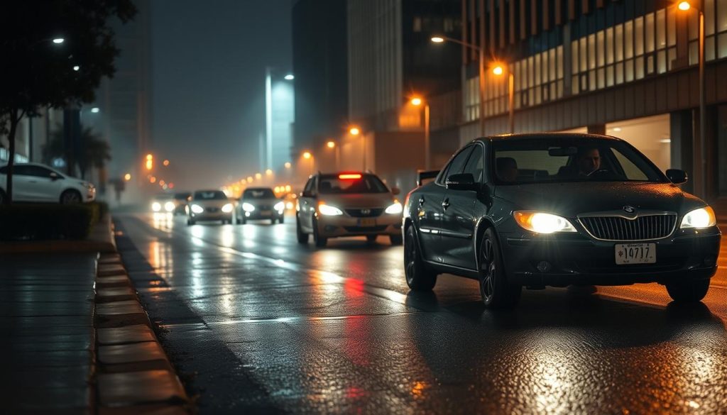 A nighttime urban scene on a rainy street, illuminated by soft streetlights reflecting on wet asphalt. In the foreground, a cautious driver, a middle-aged person in smart casual attire, carefully navigates around a stationary vehicle parked on the side. Their car's headlights cast a warm glow, revealing puddles scattered across the road. The middle section features a blurred silhouette of the parked vehicle, emphasizing the idea of bypassing obstacles. In the background, tall buildings partially shrouded in mist, with faint outlines of other cars moving slowly, adding to the atmosphere of a quiet, rain-soaked city. The overall mood is focused yet tense, conveying the importance of safety and awareness during challenging driving conditions. A nighttime urban scene on a rainy street, illuminated by soft streetlights reflecting on wet asphalt. In the foreground, a cautious driver, a middle-aged person in smart casual attire, carefully navigates around a stationary vehicle parked on the side. Their car's headlights cast a warm glow, revealing puddles scattered across the road. The middle section features a blurred silhouette of the parked vehicle, emphasizing the idea of bypassing obstacles. In the background, tall buildings partially shrouded in mist, with faint outlines of other cars moving slowly, adding to the atmosphere of a quiet, rain-soaked city. The overall mood is focused yet tense, conveying the importance of safety and awareness during challenging driving conditions.