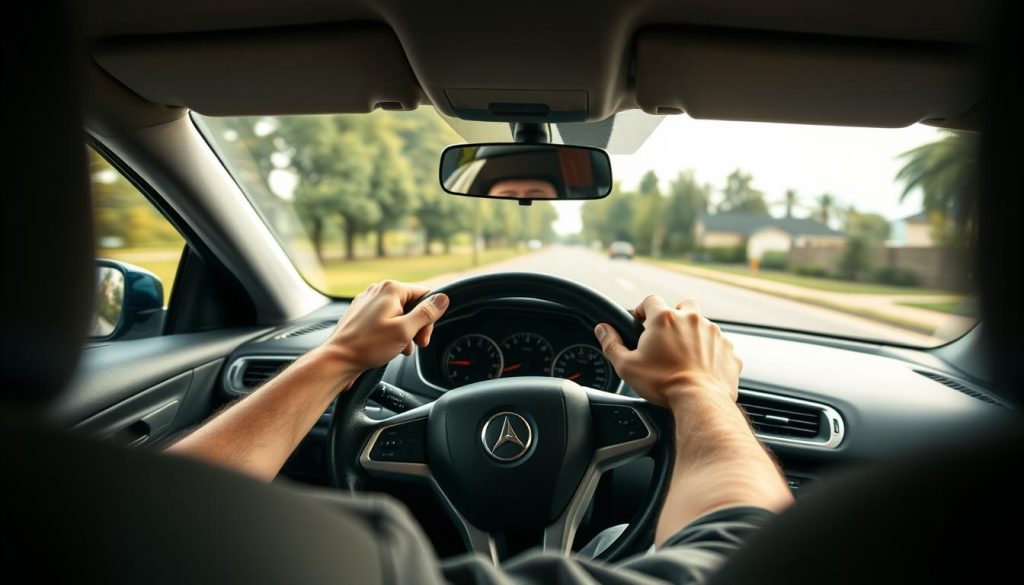 A novice driver struggling with steering control, seated in a modern car, gripping the steering wheel with a tense expression, showcasing clear signs of confusion and hesitation. In the foreground, focus on the hands gripping the wheel, slightly misaligned. In the middle ground, the dashboard displays various instruments including speedometer and navigation, with an emphasized view of the road ahead, indicating a lane boundary. The background reveals a suburban setting with trees and houses blurred to create a sense of motion. Soft, natural lighting filters through the car windows, while the angle captures the dashboard from a driver’s perspective, evoking a feeling of tension and uncertainty in the driving experience. The mood is focused and slightly anxious, highlighting the common mistakes of new drivers in maintaining lane discipline. A novice driver struggling with steering control, seated in a modern car, gripping the steering wheel with a tense expression, showcasing clear signs of confusion and hesitation. In the foreground, focus on the hands gripping the wheel, slightly misaligned. In the middle ground, the dashboard displays various instruments including speedometer and navigation, with an emphasized view of the road ahead, indicating a lane boundary. The background reveals a suburban setting with trees and houses blurred to create a sense of motion. Soft, natural lighting filters through the car windows, while the angle captures the dashboard from a driver’s perspective, evoking a feeling of tension and uncertainty in the driving experience. The mood is focused and slightly anxious, highlighting the common mistakes of new drivers in maintaining lane discipline.