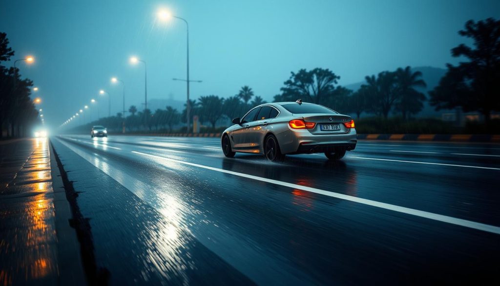 A rainy evening scene showcasing a car driving cautiously on a wet road, emphasizing the concept of lane center and line adherence. The foreground features the glossy reflection of the streetlights on the asphalt, while the mid-ground captures the car, a modern sedan, positioned within its lane, with slight tire splashes from puddles. In the background, blurred silhouettes of trees and buildings create a sense of depth, shrouded in mist. The lighting is soft and diffuse, simulating moody atmospheric conditions typical of a rain-soaked night. The angle captures the scene from slightly above, enhancing the focus on the vehicle’s path and lane lines, conveying a sense of caution and control while driving in challenging weather. A rainy evening scene showcasing a car driving cautiously on a wet road, emphasizing the concept of lane center and line adherence. The foreground features the glossy reflection of the streetlights on the asphalt, while the mid-ground captures the car, a modern sedan, positioned within its lane, with slight tire splashes from puddles. In the background, blurred silhouettes of trees and buildings create a sense of depth, shrouded in mist. The lighting is soft and diffuse, simulating moody atmospheric conditions typical of a rain-soaked night. The angle captures the scene from slightly above, enhancing the focus on the vehicle’s path and lane lines, conveying a sense of caution and control while driving in challenging weather.