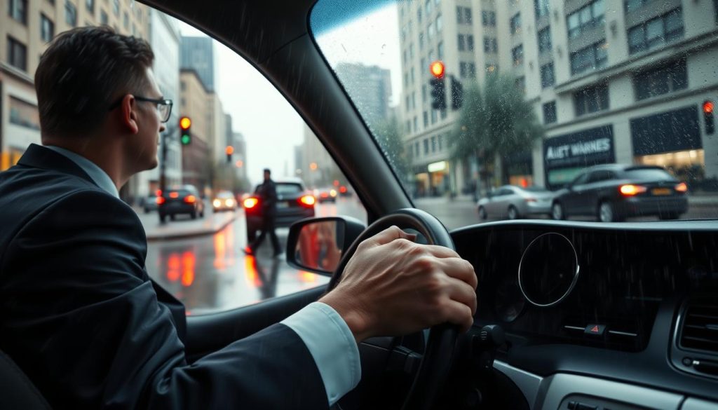 A rainy urban street scene depicting a car navigating through wet conditions, emphasizing brake safety strategies. In the foreground, a driver in professional business attire looks focused and alert, gripping the steering wheel. The middle ground showcases a slick road with puddles reflecting the gray sky, and nearby, a pedestrian cautiously steps off the curb, demonstrating the unpredictable nature of city driving. The background features blurred traffic lights and buildings shrouded in rain, creating a moody atmosphere with overcast lighting. Use a wide-angle lens effect to capture the sense of depth and urgency. The overall mood should convey caution, professionalism, and the importance of safe driving practices in adverse weather conditions. A rainy urban street scene depicting a car navigating through wet conditions, emphasizing brake safety strategies. In the foreground, a driver in professional business attire looks focused and alert, gripping the steering wheel. The middle ground showcases a slick road with puddles reflecting the gray sky, and nearby, a pedestrian cautiously steps off the curb, demonstrating the unpredictable nature of city driving. The background features blurred traffic lights and buildings shrouded in rain, creating a moody atmosphere with overcast lighting. Use a wide-angle lens effect to capture the sense of depth and urgency. The overall mood should convey caution, professionalism, and the importance of safe driving practices in adverse weather conditions.