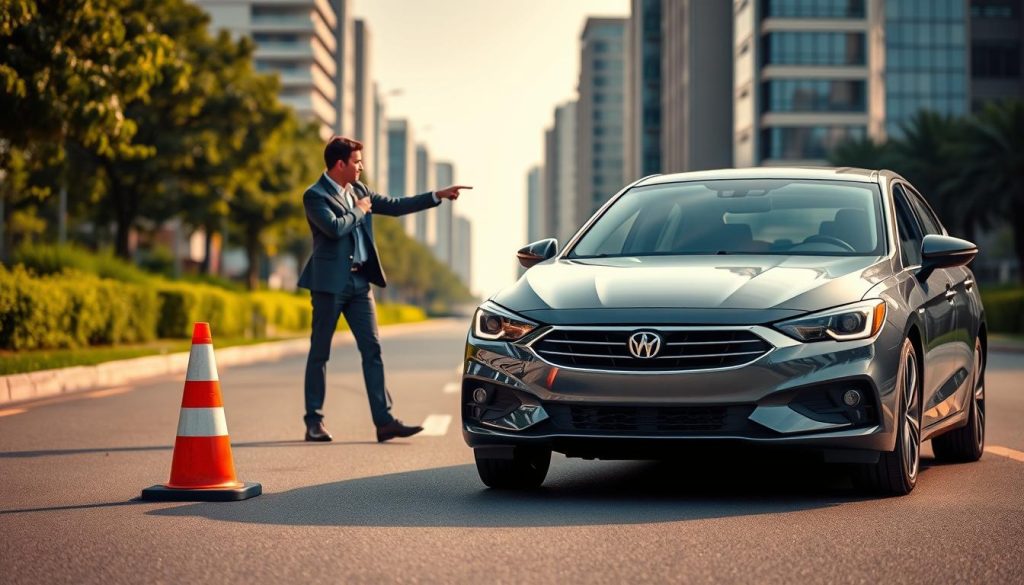 A realistic scene depicting a driving instructor and a novice driver practicing vehicle distance judgment in an urban setting. In the foreground, show a sleek, modern car positioned with its hood clearly visible, emphasizing the front-end distance relative to a traffic cone placed a few feet ahead, symbolizing an obstacle. In the middle ground, include a diverse pair of individuals - the instructor, wearing professional attire, is pointing out the distance to the novice driver, who is attentively observing. The background features a well-maintained road with occasional greenery and city buildings, softly blurred to focus on the training activity. Use natural daylight with a slight golden hue, creating a warm and encouraging atmosphere, while capturing a slight low-angle perspective to enhance the sense of the vehicle's proximity to the obstacles.