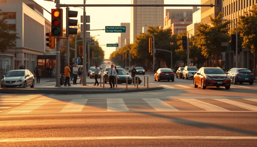 A realistic street scene at a busy intersection during the late afternoon, with warm golden sunlight casting long shadows. In the foreground, a well-marked stop line prominently visible in front of a traffic light turning yellow, indicating caution. A diverse group of drivers, dressed in professional business attire, can be seen in their cars, each with expressions of contemplation, deciding whether to stop or proceed. The middle ground features clear street signs, a few pedestrians waiting at the curb, and a couple of cars approaching the intersection. In the background, urban buildings and trees line the streets, all rendered with sharp clarity to emphasize detail. Capture the tension of the moment, reflecting the decision-making process surrounding traffic safety with a focus on the distance from the stop line. A realistic street scene at a busy intersection during the late afternoon, with warm golden sunlight casting long shadows. In the foreground, a well-marked stop line prominently visible in front of a traffic light turning yellow, indicating caution. A diverse group of drivers, dressed in professional business attire, can be seen in their cars, each with expressions of contemplation, deciding whether to stop or proceed. The middle ground features clear street signs, a few pedestrians waiting at the curb, and a couple of cars approaching the intersection. In the background, urban buildings and trees line the streets, all rendered with sharp clarity to emphasize detail. Capture the tension of the moment, reflecting the decision-making process surrounding traffic safety with a focus on the distance from the stop line.