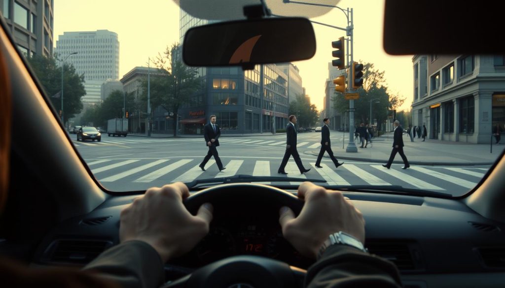 A realistic urban street scene depicting a vigilant driver in a car, preparing to stop at a pedestrian crosswalk. The foreground features the driver's clear view through the windshield, displaying focused eyes and hands on the steering wheel. In the middle ground, pedestrians are poised at the crosswalk, dressed in smart business attire, waiting for a signal to cross, reflecting a moment of anticipation. The background includes city buildings and a traffic signal, with soft evening light casting long shadows. The atmosphere is tense yet calm, highlighting the importance of awareness and responsiveness in driving. Utilize a wide-angle lens effect to enhance depth, capturing the dynamic interaction between the vehicle and pedestrians without any text or distractions. A realistic urban street scene depicting a vigilant driver in a car, preparing to stop at a pedestrian crosswalk. The foreground features the driver's clear view through the windshield, displaying focused eyes and hands on the steering wheel. In the middle ground, pedestrians are poised at the crosswalk, dressed in smart business attire, waiting for a signal to cross, reflecting a moment of anticipation. The background includes city buildings and a traffic signal, with soft evening light casting long shadows. The atmosphere is tense yet calm, highlighting the importance of awareness and responsiveness in driving. Utilize a wide-angle lens effect to enhance depth, capturing the dynamic interaction between the vehicle and pedestrians without any text or distractions.