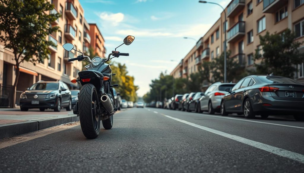 A realistic urban street scene depicting parked cars along a roadside. In the foreground, a detailed view of a motorcycle positioned close to the parked vehicles, showcasing its intended path of movement. The middle ground features a variety of cars neatly parked, with an emphasis on the distance between the vehicles and the motorcycle. In the background, a clear blue sky with soft, natural lighting enhances the scene, providing a bright, sunny day atmosphere. The angle is slightly low to emphasize the motorcycle's position, creating a sense of urgency. The mood conveys a blend of alertness and caution, as potential hazards of sudden motorcycle maneuvers are depicted visually in a safe, professional context. A realistic urban street scene depicting parked cars along a roadside. In the foreground, a detailed view of a motorcycle positioned close to the parked vehicles, showcasing its intended path of movement. The middle ground features a variety of cars neatly parked, with an emphasis on the distance between the vehicles and the motorcycle. In the background, a clear blue sky with soft, natural lighting enhances the scene, providing a bright, sunny day atmosphere. The angle is slightly low to emphasize the motorcycle's position, creating a sense of urgency. The mood conveys a blend of alertness and caution, as potential hazards of sudden motorcycle maneuvers are depicted visually in a safe, professional context.