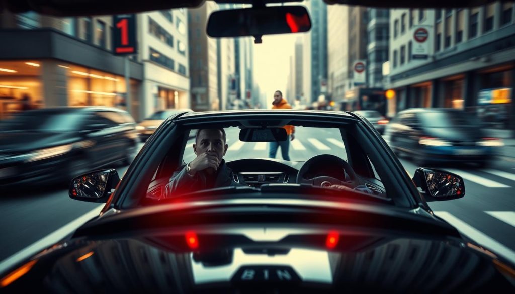 A scene depicting a car in a city environment, front-facing with brake lights illuminated as it approaches a crosswalk where a pedestrian suddenly enters the road. In the foreground, focus on the driver's tense expression, seated in a professional-looking car, wearing business casual attire, gripping the steering wheel. In the middle ground, show the pedestrian in a bright jacket, seemingly unaware of the car's approach. The background features a bustling city street with blurred motion effects, indicating the urgency of the situation. Utilize dramatic, natural lighting to create a tense atmosphere, emphasizing shadows under the car and the pedestrian. Capture the scene from a slightly elevated angle, showcasing the perspective of impending danger, while maintaining safety and professionalism. A scene depicting a car in a city environment, front-facing with brake lights illuminated as it approaches a crosswalk where a pedestrian suddenly enters the road. In the foreground, focus on the driver's tense expression, seated in a professional-looking car, wearing business casual attire, gripping the steering wheel. In the middle ground, show the pedestrian in a bright jacket, seemingly unaware of the car's approach. The background features a bustling city street with blurred motion effects, indicating the urgency of the situation. Utilize dramatic, natural lighting to create a tense atmosphere, emphasizing shadows under the car and the pedestrian. Capture the scene from a slightly elevated angle, showcasing the perspective of impending danger, while maintaining safety and professionalism.