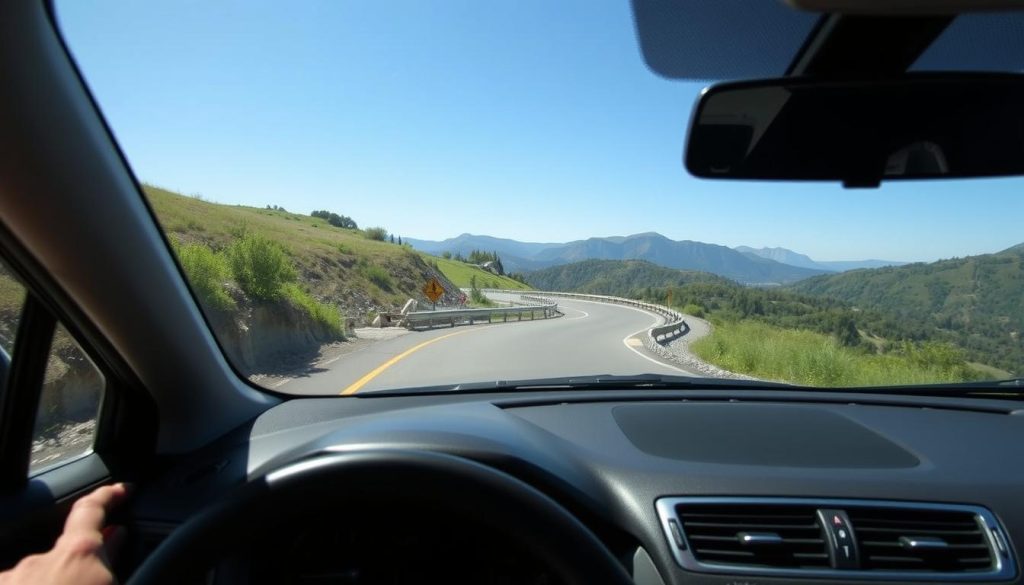 A scenic road curving through a hilly landscape, showcasing a driver’s perspective focusing on safe driving techniques. In the foreground, the dashboard of a modern car with a clear view of the winding road ahead. In the middle ground, the road twists around gentle slopes, surrounded by lush greenery and warning signs indicating curves. In the background, a distant mountain range under a clear blue sky, adding depth to the scene. The lighting is bright and natural, simulating a sunny day that enhances visibility. The overall mood is calm and focused, emphasizing safety and awareness in driving. No people are present, keeping the focus on the road and driving techniques. A scenic road curving through a hilly landscape, showcasing a driver’s perspective focusing on safe driving techniques. In the foreground, the dashboard of a modern car with a clear view of the winding road ahead. In the middle ground, the road twists around gentle slopes, surrounded by lush greenery and warning signs indicating curves. In the background, a distant mountain range under a clear blue sky, adding depth to the scene. The lighting is bright and natural, simulating a sunny day that enhances visibility. The overall mood is calm and focused, emphasizing safety and awareness in driving. No people are present, keeping the focus on the road and driving techniques.