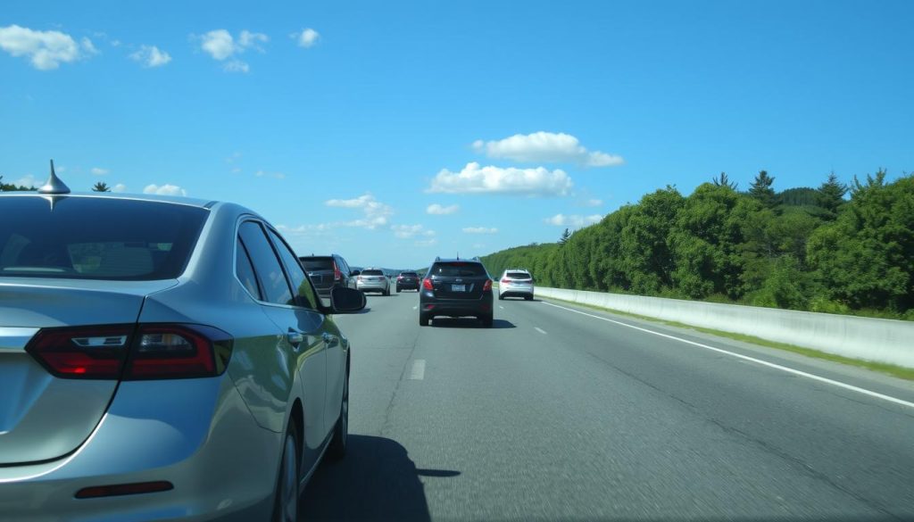 A scenic view of a busy highway during the day, showcasing multiple vehicles maintaining a safe distance from each other. In the foreground, focus on the rear of a silver sedan that is driving smoothly in the left lane, highlighting the generous space between it and the black SUV ahead. In the middle ground, additional cars are visible, each following at appropriate gaps to illustrate safe driving practices. The background shows a clear blue sky dotted with a few fluffy clouds, and green trees lining the sides of the highway. The lighting is bright and natural, enhancing the sense of a clear day, while a dynamic angle from slightly above gives depth to the image, emphasizing both the vehicles and the roadway. The overall mood is calm and reassuring, promoting safety on the road. A scenic view of a busy highway during the day, showcasing multiple vehicles maintaining a safe distance from each other. In the foreground, focus on the rear of a silver sedan that is driving smoothly in the left lane, highlighting the generous space between it and the black SUV ahead. In the middle ground, additional cars are visible, each following at appropriate gaps to illustrate safe driving practices. The background shows a clear blue sky dotted with a few fluffy clouds, and green trees lining the sides of the highway. The lighting is bright and natural, enhancing the sense of a clear day, while a dynamic angle from slightly above gives depth to the image, emphasizing both the vehicles and the roadway. The overall mood is calm and reassuring, promoting safety on the road.