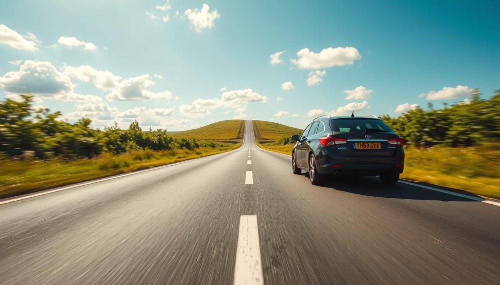 A serene driving scene focusing on a well-defined roadway with clear lane markings displaying the principle of centered driving. In the foreground, a car is positioned slightly off-center, showcasing a driver adjusting their steering. The middle of the image captures the road, lined with vibrant greenery on either side, emphasizing a sense of direction and guidance. In the background, a gentle hill rises under a bright blue sky, with scattered clouds adding depth. Soft natural lighting illuminates the scene, creating a calm atmosphere. The angle is a slight aerial view, allowing a comprehensive look at the lane markings and road environment, reinforcing the topic of centering within the lane. The overall mood is educational and tranquil, ideal for conveying the importance of proper driving technique. A serene driving scene focusing on a well-defined roadway with clear lane markings displaying the principle of centered driving. In the foreground, a car is positioned slightly off-center, showcasing a driver adjusting their steering. The middle of the image captures the road, lined with vibrant greenery on either side, emphasizing a sense of direction and guidance. In the background, a gentle hill rises under a bright blue sky, with scattered clouds adding depth. Soft natural lighting illuminates the scene, creating a calm atmosphere. The angle is a slight aerial view, allowing a comprehensive look at the lane markings and road environment, reinforcing the topic of centering within the lane. The overall mood is educational and tranquil, ideal for conveying the importance of proper driving technique.