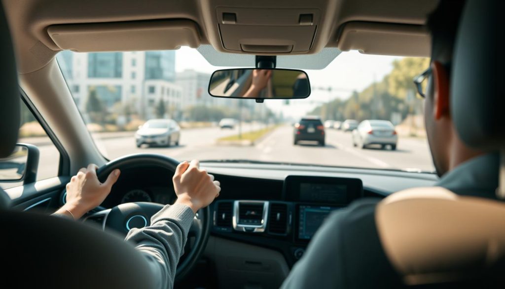 A serene urban driving scene focused on a new driver inside a modern car, displaying confidence and attention. In the foreground, the driver, a young adult in casual yet neat clothing, is checking the distance to the car in front, their hands firmly on the steering wheel. The middle ground reveals a clear view of the car's dashboard with visible distance markers and a well-maintained road ahead. In the background, soft-focus outlines of other vehicles and urban elements, like traffic lights and trees, create a sense of context. The lighting is bright and natural, suggesting a sunny day, enhancing the mood of safety and awareness while driving. The angle captures the driver's perspective, emphasizing the importance of space and distance on the road.