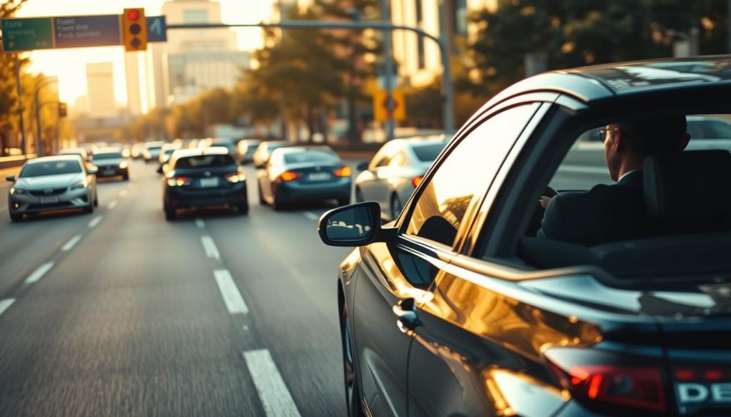 A serene urban scene depicting a well-maintained car approaching a busy intersection, showcasing expert brake control and smooth deceleration. In the foreground, highlight the vehicle with a focus on the driver wearing professional business attire, visibly demonstrating calm and concentration. The middle ground features other cars at various distances, with an emphasis on safe following distance, indicating effective traffic judgment. The background reveals a cityscape bathed in warm afternoon sunlight, casting gentle shadows. The atmosphere conveys professionalism and composure, emphasizing mastery in driving techniques. Capture the image with a slight tilt away from the road, using a medium lens to provide depth and context to the driving environment, ensuring clarity and detail in both the car and the surrounding elements. A serene urban scene depicting a well-maintained car approaching a busy intersection, showcasing expert brake control and smooth deceleration. In the foreground, highlight the vehicle with a focus on the driver wearing professional business attire, visibly demonstrating calm and concentration. The middle ground features other cars at various distances, with an emphasis on safe following distance, indicating effective traffic judgment. The background reveals a cityscape bathed in warm afternoon sunlight, casting gentle shadows. The atmosphere conveys professionalism and composure, emphasizing mastery in driving techniques. Capture the image with a slight tilt away from the road, using a medium lens to provide depth and context to the driving environment, ensuring clarity and detail in both the car and the surrounding elements.