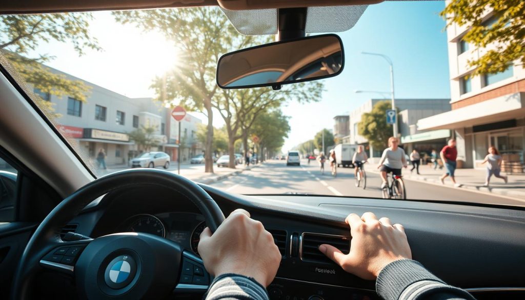 A serene urban street view centered around a slow-moving car navigating a high-risk area near a school, hospital, and market. In the foreground, a cautious driver, dressed in professional casual attire, grips the steering wheel, showing concentration. The middle ground features pedestrians, including children and families, along with cyclists, emphasizing the importance of safety. In the background, there are soft, diffused sunlight filtering through leafy trees and clear blue skies, creating a calm, attentive atmosphere. The scene captures the essence of careful driving, highlighting safe distance between vehicles. Use a wide-angle lens perspective to enrich the depth and emphasis on the street's complexity while maintaining a warm and inviting feel. A serene urban street view centered around a slow-moving car navigating a high-risk area near a school, hospital, and market. In the foreground, a cautious driver, dressed in professional casual attire, grips the steering wheel, showing concentration. The middle ground features pedestrians, including children and families, along with cyclists, emphasizing the importance of safety. In the background, there are soft, diffused sunlight filtering through leafy trees and clear blue skies, creating a calm, attentive atmosphere. The scene captures the essence of careful driving, highlighting safe distance between vehicles. Use a wide-angle lens perspective to enrich the depth and emphasis on the street's complexity while maintaining a warm and inviting feel.