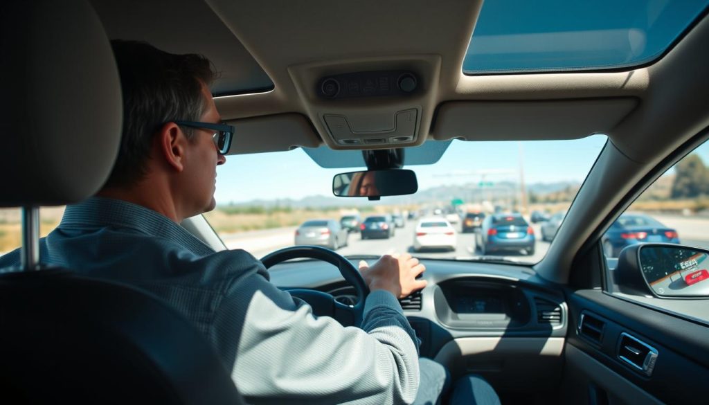 A skilled driver practicing safe following techniques while observing distant traffic flow. The foreground features a focused driver, dressed in professional casual attire, attentively looking ahead from inside a well-maintained car, with hands on the steering wheel. The middle ground showcases multiple vehicles smoothly moving in a busy but orderly traffic scene, with some cars displaying brake lights in the distance. The background includes a clear blue sky and distant mountains, enhancing the sense of depth. The lighting is bright and natural, suggesting a sunny day. The angle is slightly elevated, giving a panoramic view of the road ahead, conveying a mood of vigilance and safety. The atmosphere is calm yet aware, emphasizing the importance of early judgment in traffic. A skilled driver practicing safe following techniques while observing distant traffic flow. The foreground features a focused driver, dressed in professional casual attire, attentively looking ahead from inside a well-maintained car, with hands on the steering wheel. The middle ground showcases multiple vehicles smoothly moving in a busy but orderly traffic scene, with some cars displaying brake lights in the distance. The background includes a clear blue sky and distant mountains, enhancing the sense of depth. The lighting is bright and natural, suggesting a sunny day. The angle is slightly elevated, giving a panoramic view of the road ahead, conveying a mood of vigilance and safety. The atmosphere is calm yet aware, emphasizing the importance of early judgment in traffic.